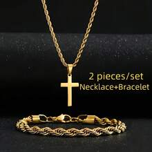 2Pcs/Set Men's Cross Pendant Necklace Hand Chain Necklace Set Fashionable And Simple Braided Design Suitable For Streetwear And Hip Hop Style Gift