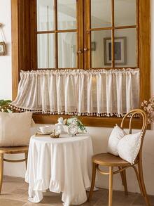 1 pièce Panneau de rideau à carreaux beige, rideau de style japonais pour café avec garniture à franges, rideau de cuisine à passant pour tringle, décoration de fenêtre pour salon et chambre à coucher, rideau de recouvrement d'armoire, décoration d'intérieur