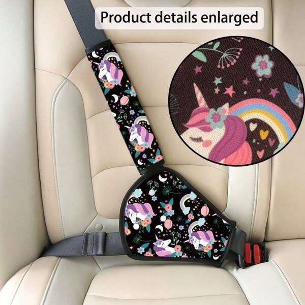 غطاء حزام أمان السيارة بنمط وحيد القرن الكرتوني - قطعتان، ناعم، قابل للتنفس، قابل للتعديل، وسادات الكتف، تعزيز الراحة والحماية، مناسب لجميع السيارات