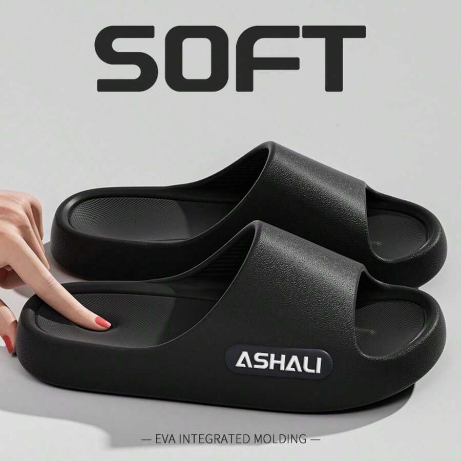ASHALI Black Side Letter Smooth Indoor Slippers, EVA Soft Material Flip Flops