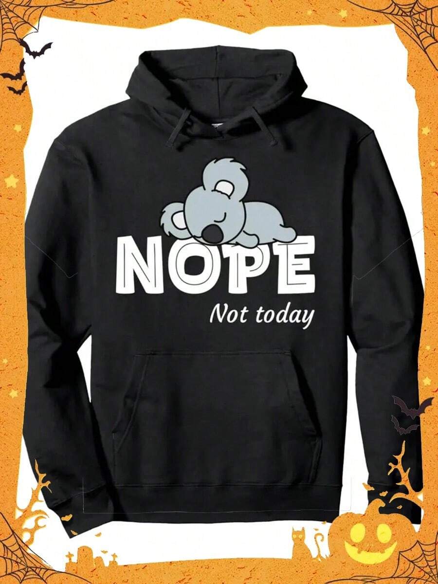 Funny Lazy Koala Not Today Print Hoodie, Cool Hoodies For Men, Men's Casual Graphic Design Pullover Hooded Sweatshirt With  Pocket Streetwear For Winter Fall, As Gifts,Fall Hoodies,Men's Fall Clothes,Street Wear,Halloween,Mens Hoodies,Y2k Clothes,Jesus Hoodie,Thanksgiving Day,Nightmare Before Christmas,Christmas - Black - View 1