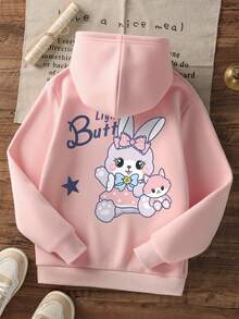1件少女休闲印花套头卫衣，保暖内衬，长袖，秋冬季学生服装 - 粉色 - 查看 3