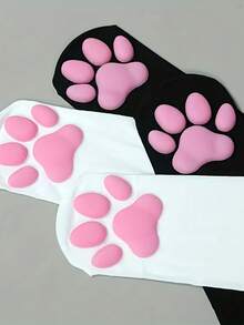 Meias Cano Alto Femininas com Garra de Gato 3D - Meias de Silicone Pretas com Acolchoado Rosa para Roleplay, Acessório de Moda Fofo, Adequado para Eventos Temáticos e Uso Diário, Estrutura de Tecido Macio, Acessório de Vestuário, Estilo Brincalhão, Material Durável, Colecionador de Meias