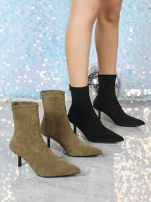 秋冬季7厘米高跟卡其色踝靴，舒适时尚尖头修身弹力女靴，猫跟 - 卡其色 - 查看 2