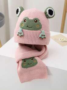 2pcs Kids Knitted Hat & Scarf Set, Warm Thermal Lined, Cute Frog Embroidery Pattern, Suitable For Autumn/Winter Daily Wear - Multicolor - View 7