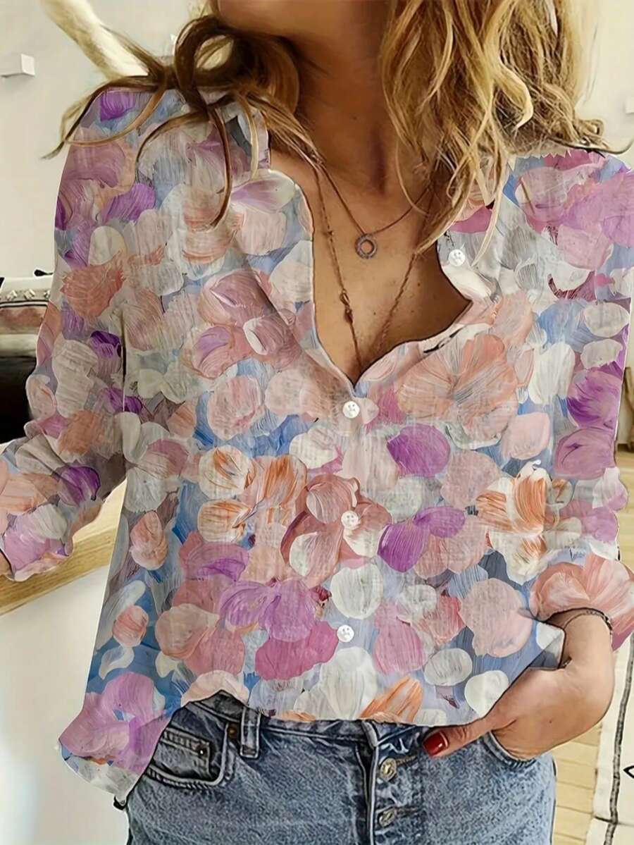 复古油画印花极简衬衫，休闲长袖纽扣女式衬衫，时尚优雅女士衬衫，春季女装 - 彩色 - 查看 1