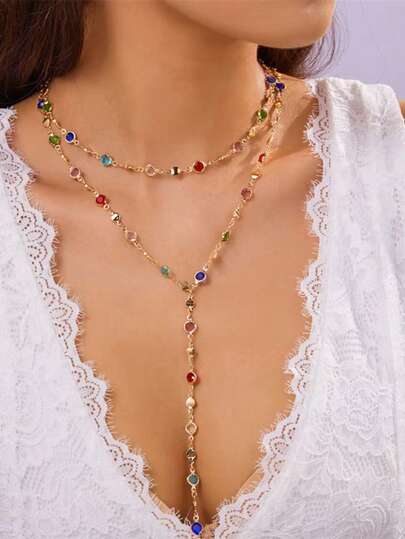 1 件时尚双层彩色项链，百搭锁骨链项链，适合女士