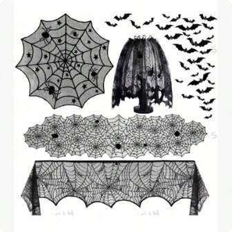 1 Paquete de Decoraciones de Halloween para Interiores: Mantel de Mesa con Telaraña, Camino de Mesa, Bufanda para Chimenea, Pantalla de Lámpara con Telaraña y Murciélagos 3D Espeluznantes para la Decoración Tenebrosa del Hogar en Halloween