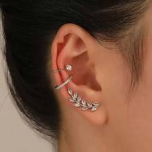 New Alloy Star Rhinestone Ear Clips For Women, Leaf Flower Gold Geometric Pearl Zirconia Earrings Jewelry