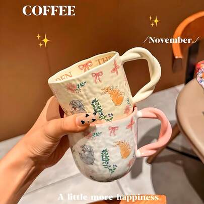 300ml Ceramic Coffee Cup - Woodland Aesthetic, Natural Animal Prints & Twisted Handle, Multi-Functional As Coffee/Dessert/Sparkling Water/Ice Cream/Cold Drink Cup - Home, Office, Gatherings, Wedding Decor, Workspaces