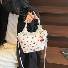 Cherry Print Tote Bag For Women, Fashionable Shoulder Sling Bag, Large Capacity Commuter Handbag With Free Cherry Keychain - White - View 7