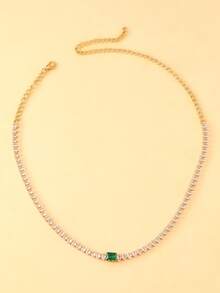 1pc Fashionable Minimalist Geometric Emerald Necklace With Rhinestone Decor, Elegant Accessory For Women - Green Diamond Necklace - View 2