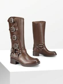Women's Knee High Buckle Boots Motorcycle Biker Boots Square Toe Chunky Mid Heel Fashion Buckles Riding Boots - 褐色 - 查看 7