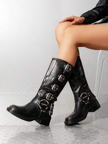 Women's Knee High Buckle Boots Motorcycle Biker Boots Square Toe Chunky Mid Heel Fashion Buckles Riding Boots - Dark Brown - View 3