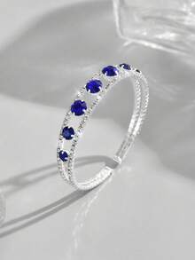 1pc Minimalist Fashion Copper Inlaid Blue Zirconia Open Bangle Bracelet, Suitable For Daily Wear