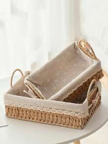 1pc Woven Pattern Desktop Storage Basket With Handles For Home Organization, Multi-Purpose Storage Solution For Makeup, Remote Control, Keys And Miscellaneous Items, Bohemian Rope Plant Pot Basket For Living Room, Bedroom And Office Decor - Apricot - View 6