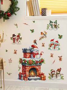 1 Stück Weihnachtsschneemann Kamin Hirsch Wandaufkleber, abnehmbarer Raumdekoration für Schlafzimmer, Wohnzimmer, Feiertagsparty