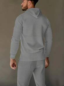 2pcs Men's Long Sleeve Hoodie + Pants Co-Ord Set, Solid Color Waffle Knit Casual Suit Clothes For Autumn