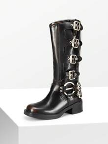 Women's Knee High Buckle Boots Motorcycle Biker Boots Square Toe Chunky Mid Heel Fashion Buckles Riding Boots - Dark Brown - View 2
