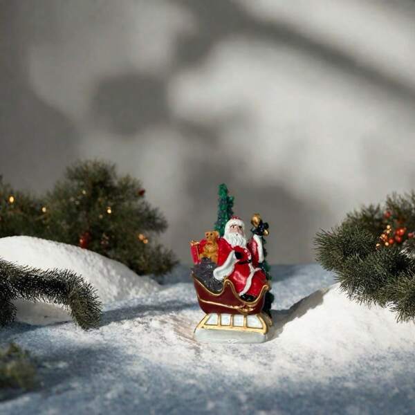 1pc Christmas Decor Santa Claus Riding Car Resin Craft Figurine, Holiday Party Backdrop Decoration, Miniature Landscape Sculpture Christmas Ornament