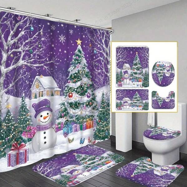1/3/4 قطعة مجموعة حمام بموضوع عيد الميلاد، تشمل ستارة دش مطبوعة بمشاهد عيد الميلاد، رجل ثلج بنفسجي، هدية، نماذج من البلورات الثلجية، ستارة دش مقاومة للماء مع 12 خطاف، سجادة حمام، غطاء مرحاض، سجادة حمام مانعة للانزلاق، ديكور منزلي لعيد الميلاد، هدية عيد الميلاد