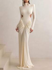 Sedessea Solid Color Elegant Ruffled Hollow Out Drape Wedding Party Dress - Apricot - View 8