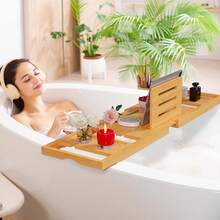 Bamboo Bathtub Caddy Tray, Extendable Organizer For Tablet, Drinks & Towels, Perfect For Bathroom Spa,Extendable Bamboo Bathtub Tray, Multi - Functional Organizer For Bath Essentials, Ideal For Home Bathroom Relaxation, Rustic Bamboo Design