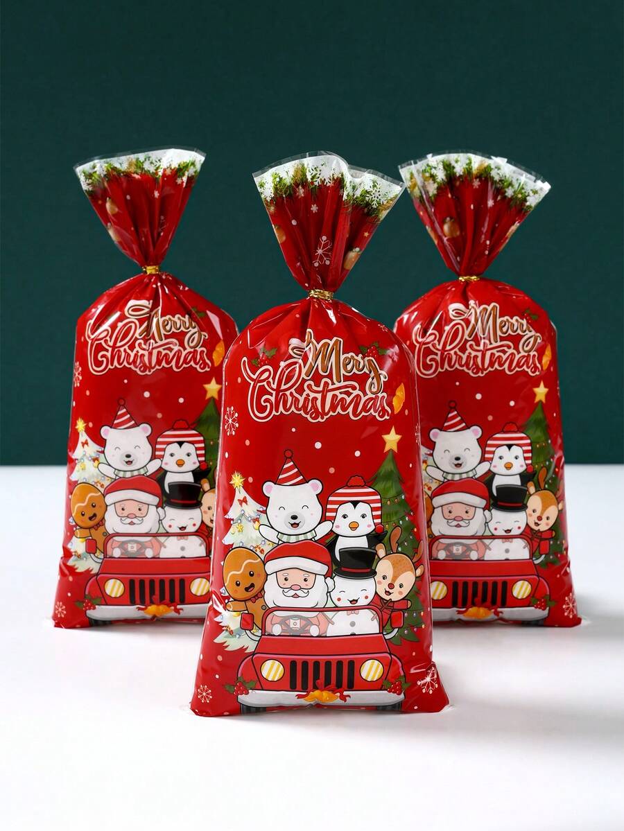100pcs Christmas Gift Bags, Christmas Animal Driving Pattern Plastic Bags, Gift Packaging Bags, Christmas Party Candy Bags, Merry Christmas Decorations, Christmas Family Gathering Gift Wrapping Supplies, Christmas Small Gift Bags, Christmas Kitchen Packaging Supplies, 2026 New Year Decor, Christmas Party Supplies, Xmas Gifts, Party Favors