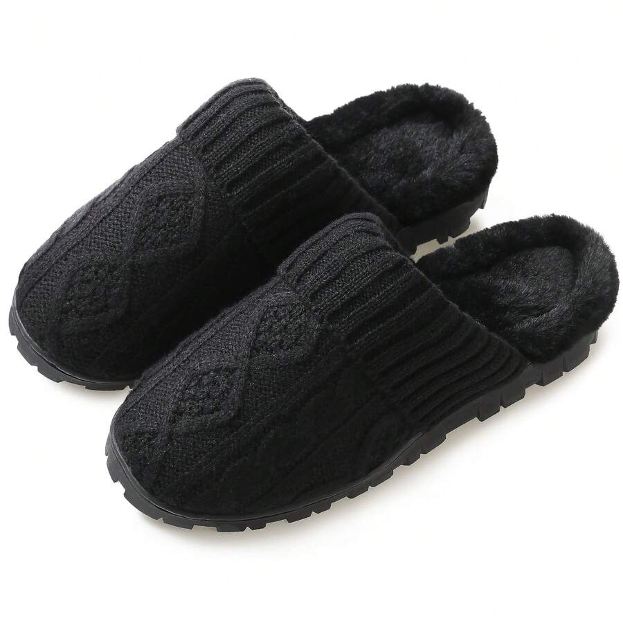 Womens Comfy Fuzzy Knitted Home Slippers Memory Foam House Shoes - Black - View 1