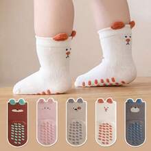 3 Pares de Meias de Bebê Antiderrapantes com Padrão Aleatório Misto de Cor de Desenho Animado de Orelha e Expressão, Sola Macia para Uso Interno, Adequado para Uso Diário de Meninos e Meninas Pequenos