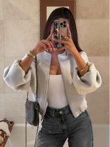 Simple Versatile Daily Solid Color Zip-Up Short Jacket With Pockets, Soft Zip-Up Long Sleeve Jacket, Women Casual Full Set Long Sleeve Outerwear, Autumn/Winter Spring - Beige - View 1