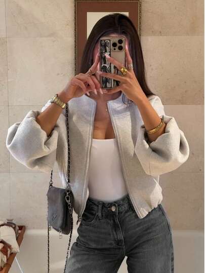 Simple Versatile Daily Solid Color Zip-Up Short Jacket With Pockets, Soft Zip-Up Long Sleeve Jacket, Women Casual Full Set Long Sleeve Outerwear, Autumn/Winter