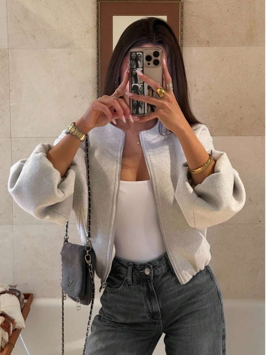 Simple Versatile Daily Solid Color Zip-Up Short Jacket With Pockets, Soft Zip-Up Long Sleeve Jacket, Women Casual Full Set Long Sleeve Outerwear, Autumn/Winter Spring - Beige - View 1