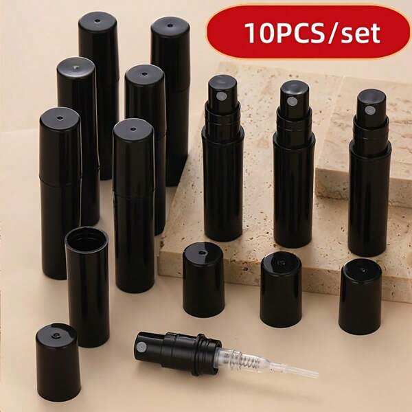 10pcs/Set, 0.07oz Mini Plastic Spray Bottles, Fine Mist, Refillable Mini Perfume Atomizer, Mini Plastic Portable Bottles, Suitable For Various Liquids Such As Perfume, Toner, Makeup Remover, Sprays And Liquid Packaging. Reusable. Transparent Color, Black And White Options Available