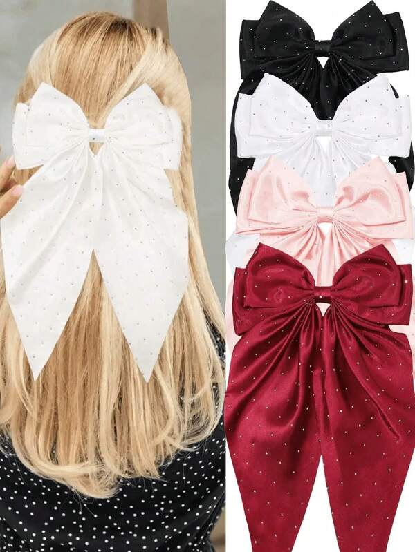 Grampo de cabelo grande com laço de diamante feminino, 1/4 peças, preto, champanhe, branco, vermelho, laço feminino, fita, laço, prendedor, laço, acessórios de cabelo para festa, moda para o dia das mães, festa diária, acessórios de cabelo da moda com diamante, presilhas, garras de cabelo, presilhas de cabelo, presilhas de cabelo