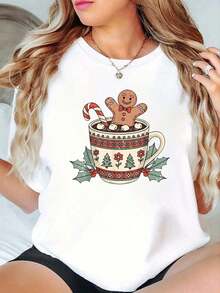 100% Algodón Navidad Taza de Chocolate Caliente Galleta de Jengibre Camiseta de Vacaciones de Navidad para mujeres de verano - Blanco - Ver 1