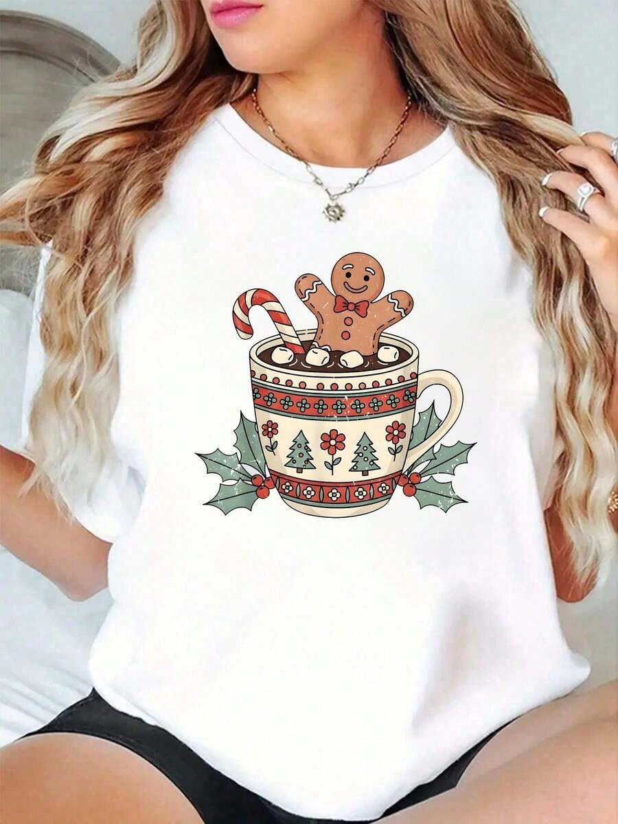 100% Algodón Navidad Taza de Chocolate Caliente Galleta de Jengibre Camiseta de Vacaciones de Navidad para mujeres de verano - Blanco - Ver 1