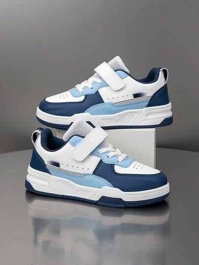 1 Pair Kids Mid-Top Sneakers, PU Leather, Indoor/Outdoor Casual Running Shoes, Easy Slip-On, Non-Slip, Breathable, Comfortable, Fashion, Retro Style, Color Blocking