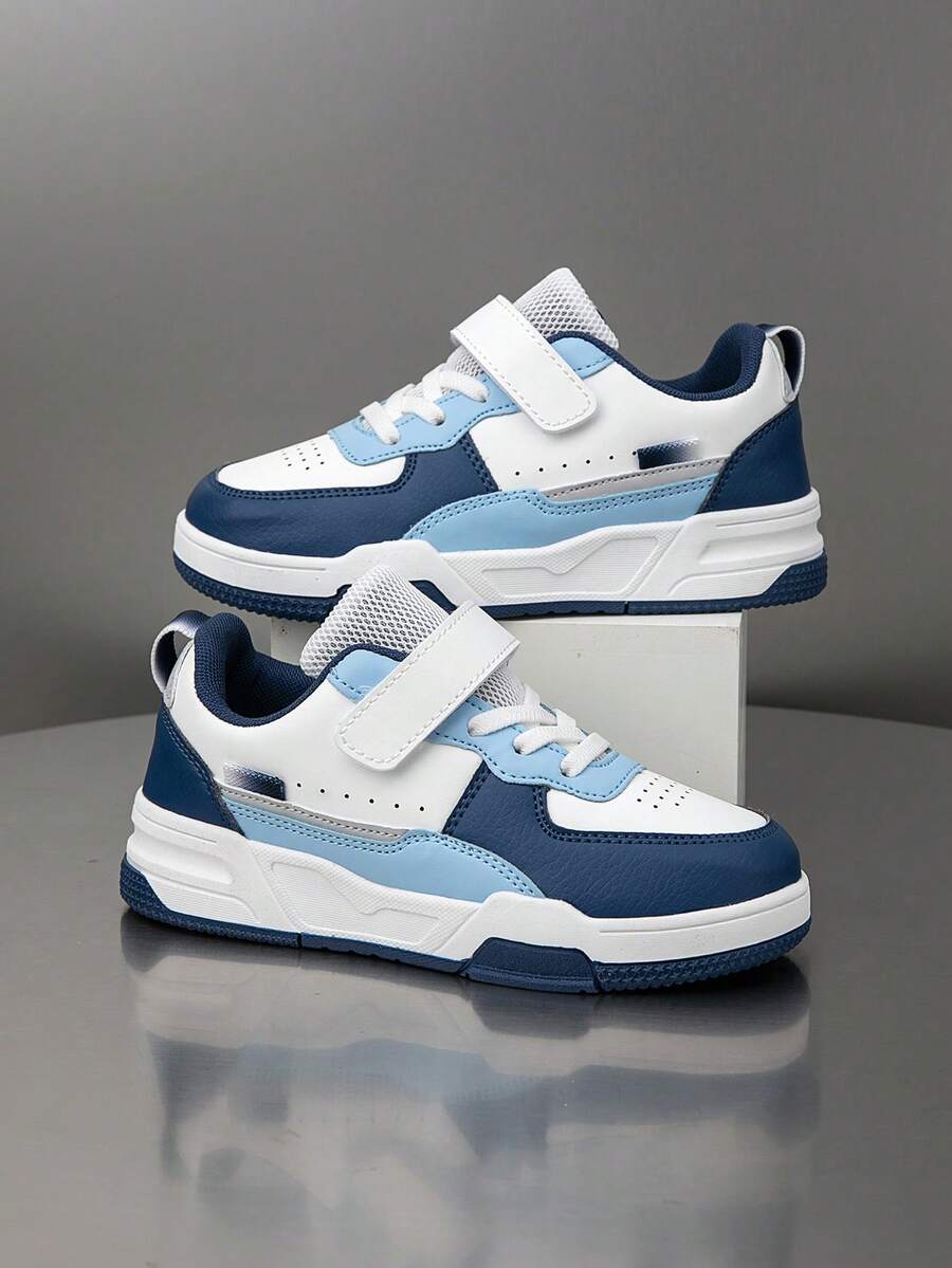 1 Pair Kids Mid-Top Sneakers, PU Leather, Indoor/Outdoor Casual Running Shoes, Easy Slip-On, Non-Slip, Breathable, Comfortable, Fashion, Retro Style, Color Blocking - Blue - View 1