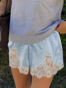 Women Satin Silk Lace Trim Shorts Silky Low Rise Boxer Shorts Y2k Teen Girls Cute Coquette Lounge Slip Bottoms - 藍色 - 查看 1