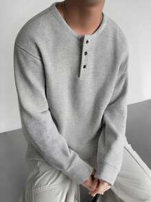 1pc Men Henley Neck Waffle Knit Top, Comfortable Casual, Henley Collar, Easy To Wear, Button Detail, Suitable For Daily Outings, Old Money Style, Fall