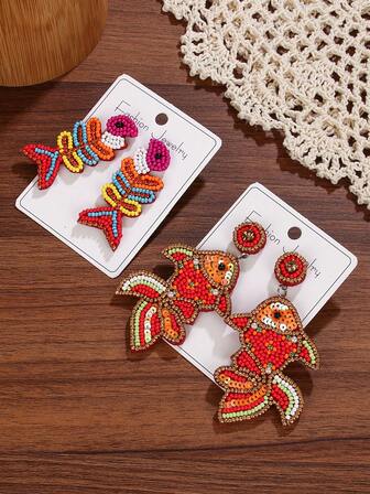 1 件手工玻璃串珠耳环，优雅的红色金鱼和彩色鱼骨设计，适合日常佩戴