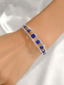 1pc Minimalist Fashion Copper Inlaid Blue Zirconia Open Bangle Bracelet, Suitable For Daily Wear