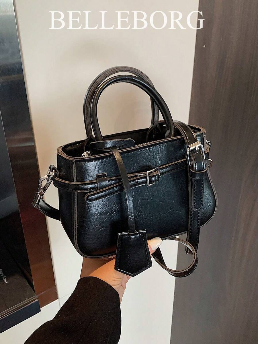 Casual Contrast Color Texture Versatile Commute Retro Leather Buckle Small Handbag For Women - màu đen - Xem 1
