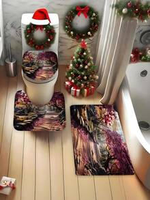 1 pièce Rideau de douche à motif paysage floral rose, rideau de douche imperméable avec crochets, séparateur de salle de bain, accessoire de décoration de salle de bain, décoration de Noël