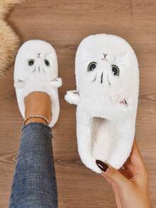 女士秋冬防滑毛绒拖鞋，可爱卡通猫咪图案，保暖厚底室内拖鞋，米色，毛茸茸的鞋子 - 米色 - 查看 3