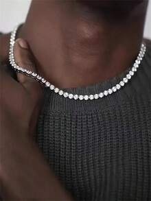 网球主题锆石项链和手链两件套组合，时尚嘻哈风格男士首饰，节日礼物 - 彩色 - 查看 4