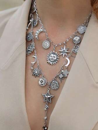 Collar con borlas de sol y luna ZAA, collar con borlas retro, cadena de clavícula de nicho de alta gama retro, collar de estilo bohemio, nuevo accesorio de moda 2025, artesanía vintage antigua, con una ligera escasez de perlas, es un fenómeno normal y no afecta su uso