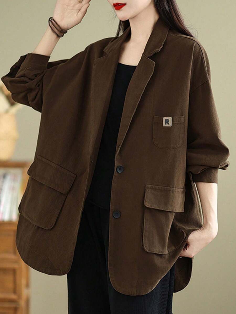 Women's Plus Size Fall Retro Oversized Blazer - European-Style Utility Jacket, Loose Fit & Figure-Flattering, Casual Fashion Outerwear