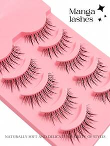 Asiteo 5 Pairs Manga Natural Look False Eyelashes Daily Strip Cross Clear Band Japanese Anime Cosplay Spiky Lashes Invisible Thin Band Cute Lash For Wedding Daily Work Eye Makeup - 黑色 - 查看 3